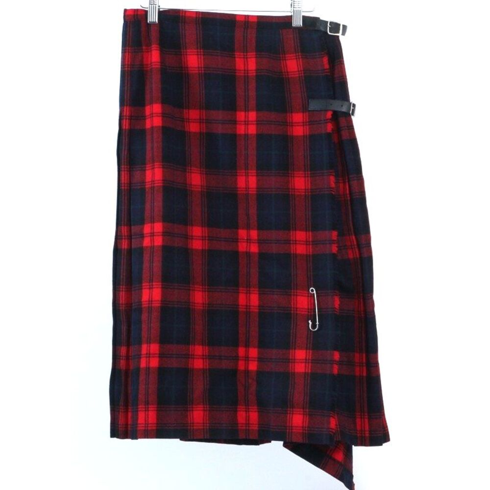 Archie Brown & Son Wool Kilt Skirt Red Black Plaid Tartan Leather Straps Size 14